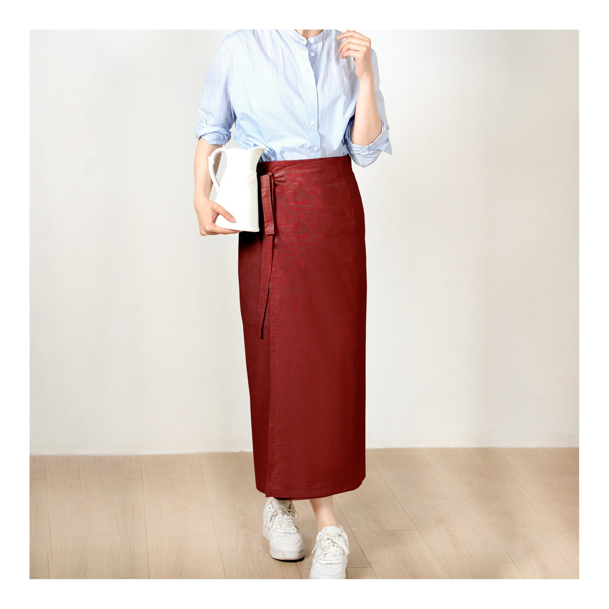 Custom Size Cotton linen wrap skirt, wrap around skirt,high waisted skirt,Custom Size, wrap midi skirt,Full length skirt, Wine Red