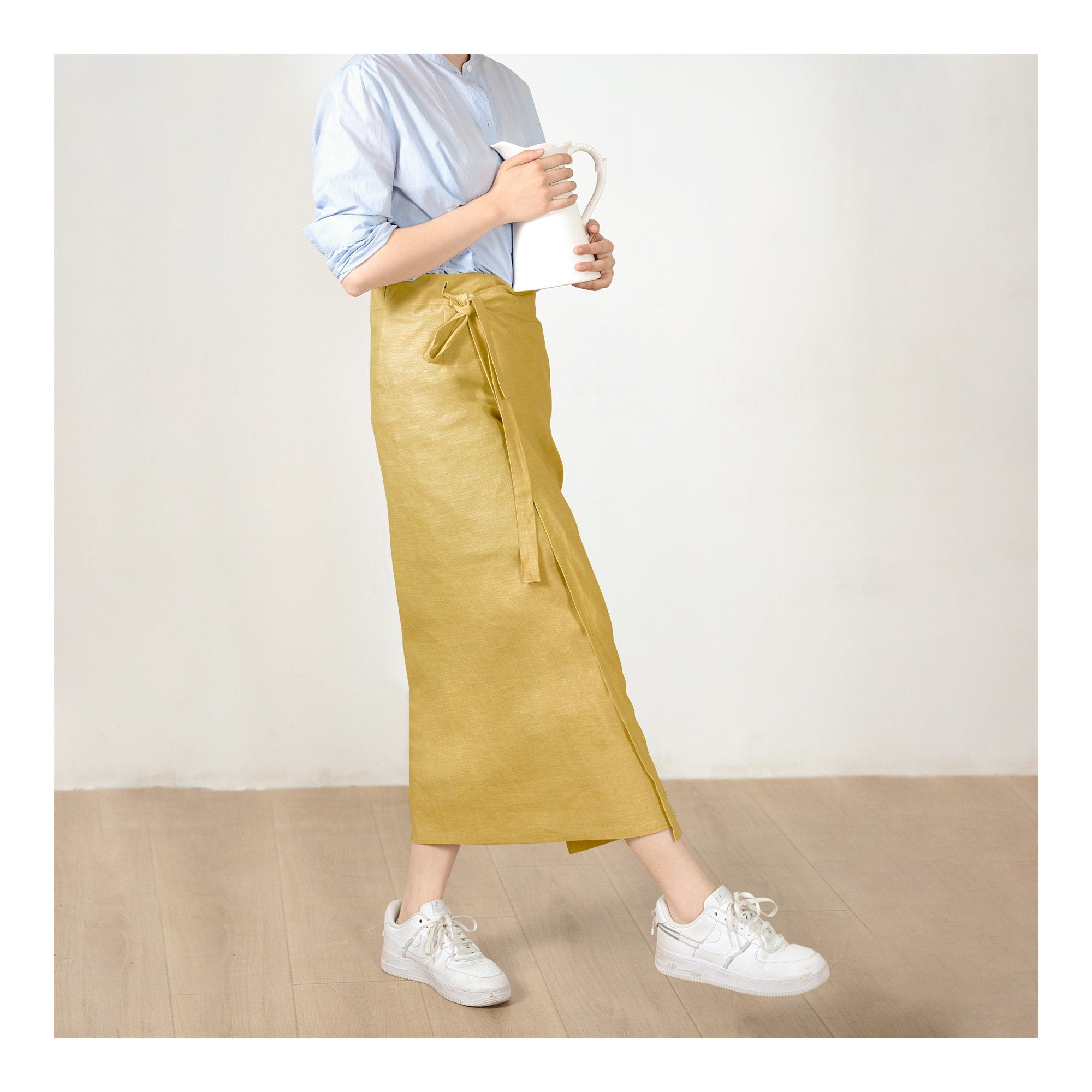 Custom Size Cotton linen wrap skirt, wrap around skirt,high waisted skirt,Custom Size, wrap midi skirt,Full length skirt, Yellow