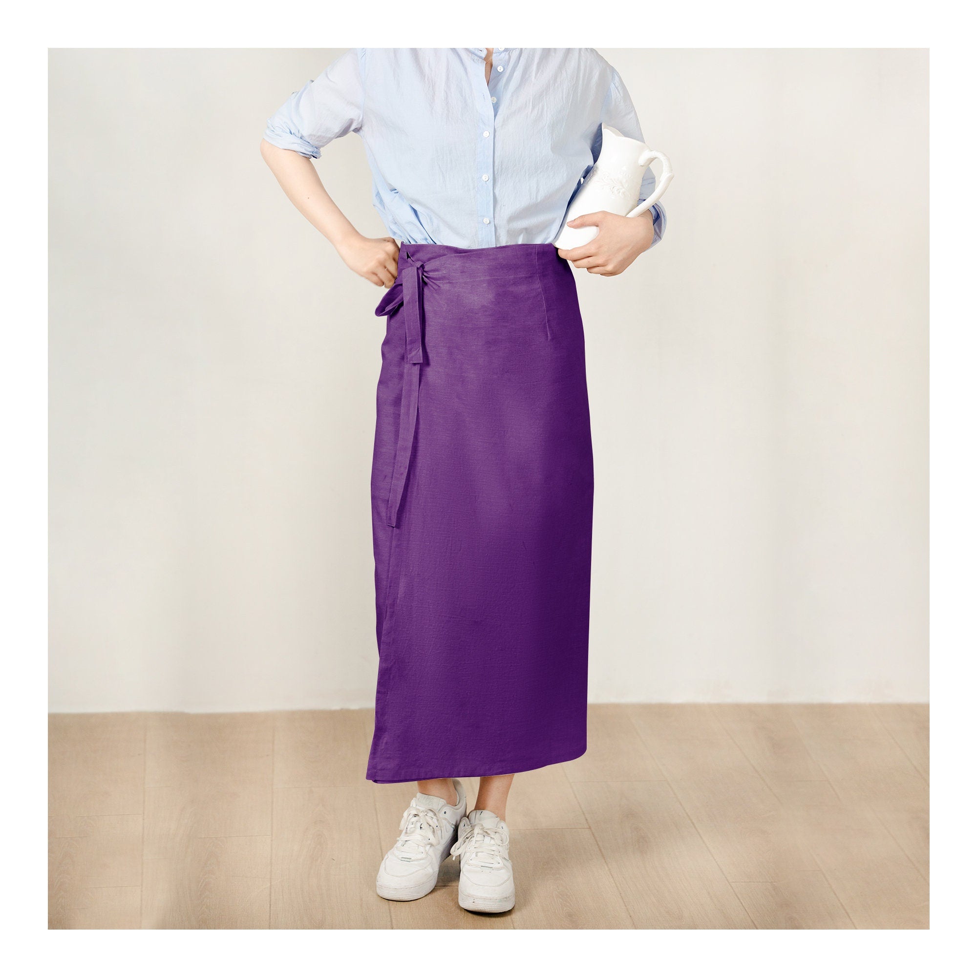 Custom Size Cotton linen wrap skirt, wrap around skirt,high waisted skirt,Custom Size, wrap midi skirt,Full length skirt, Dark purple