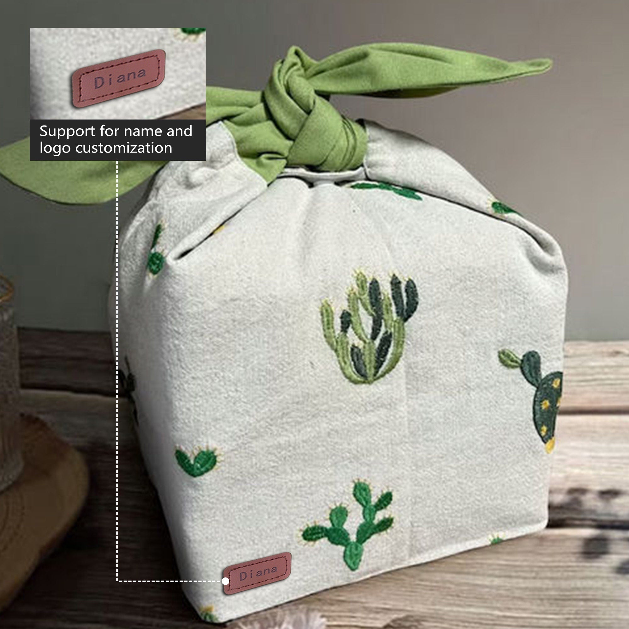 Custom Name Embroidered cactus insulated lunch bag bento bag, zero waste , Eco Friendly lunch box cloth School Gift for her