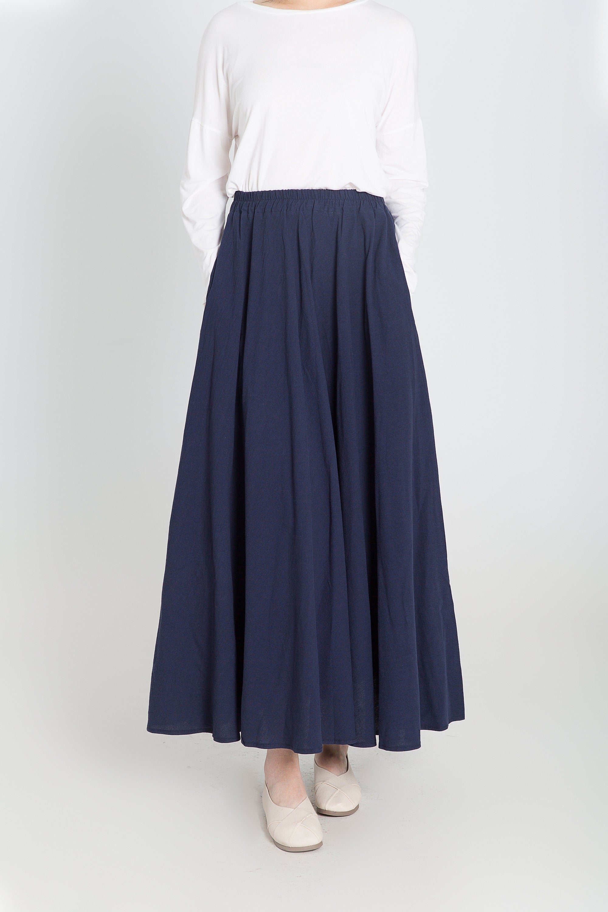 Custom size cotton skirt loose skirts A-line elastic waist skirt travel skirt beach skirt navy blue christmas gift