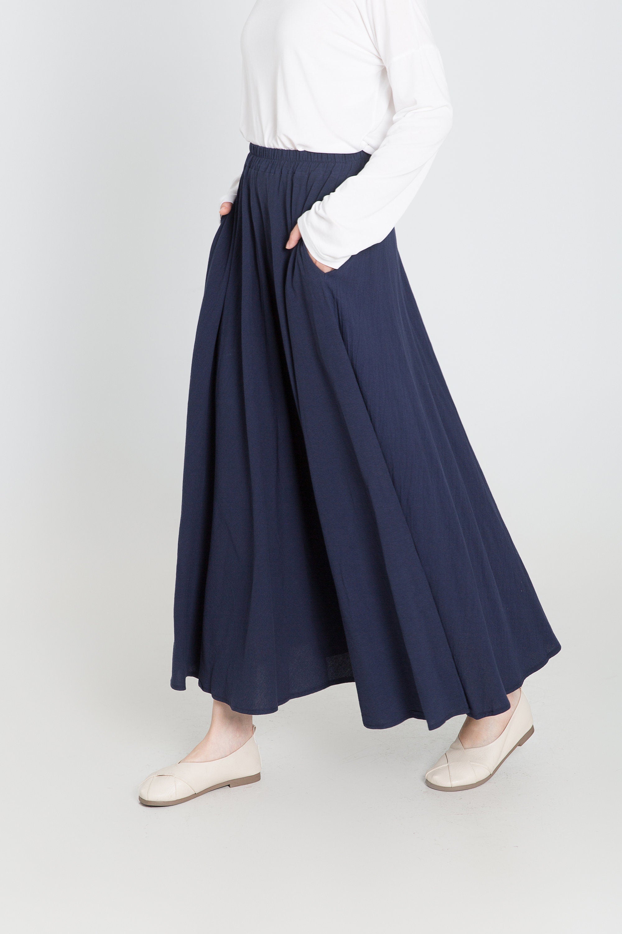 Custom size cotton skirt loose skirts A-line elastic waist skirt travel skirt beach skirt navy blue christmas gift