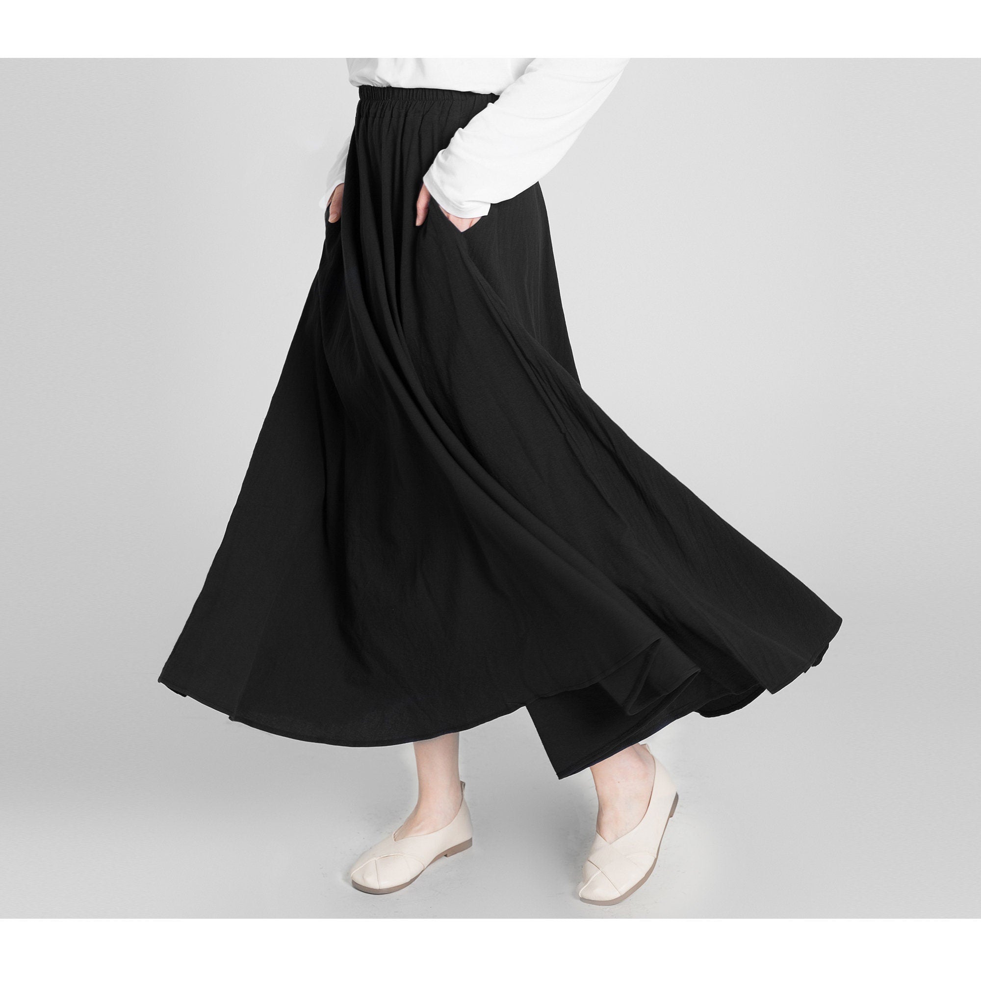 Custom size cotton skirt loose skirts A-line elastic waist skirt travel skirt beach skirt black christmas gift