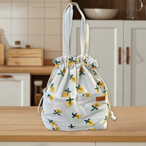 Name Custom Insulated Lunch Bag with drawstring closure, Travel Bag, Organizer Bag Embroidered daisy Handbag gift for her