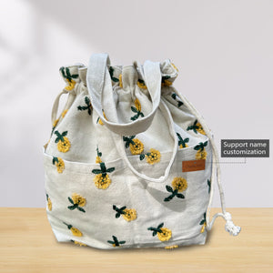 Name Custom Insulated Lunch Bag with drawstring closure, Travel Bag, Organizer Bag Embroidered daisy Handbag gift for her