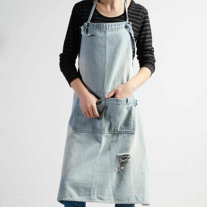 Light Blue Denim Unisex Apron with Pockets