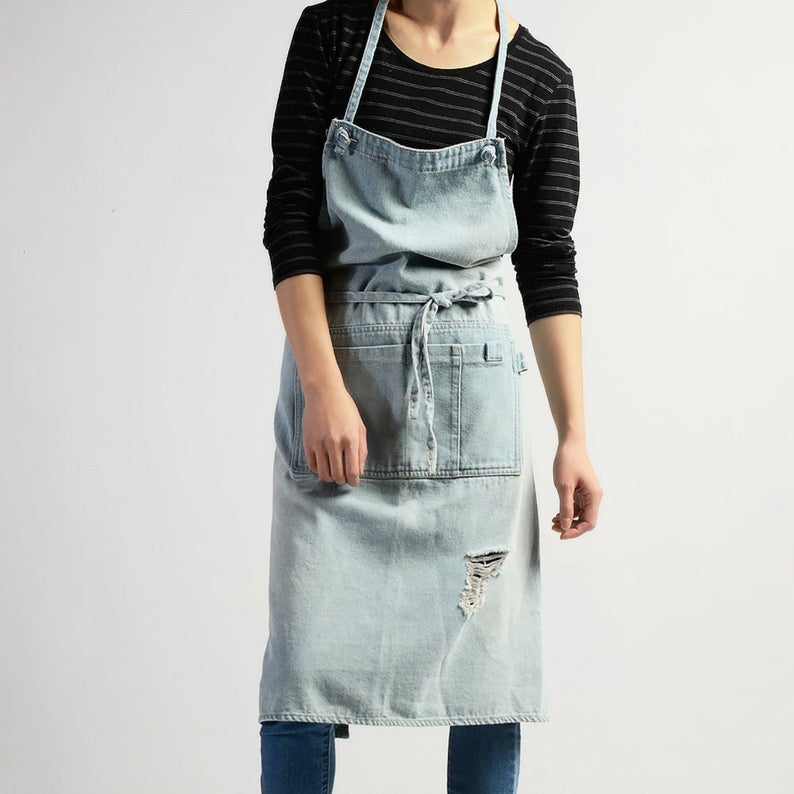 Light Blue Denim Unisex Apron with Pockets