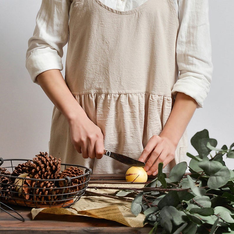 Almond Linen Fabric Apron Dress