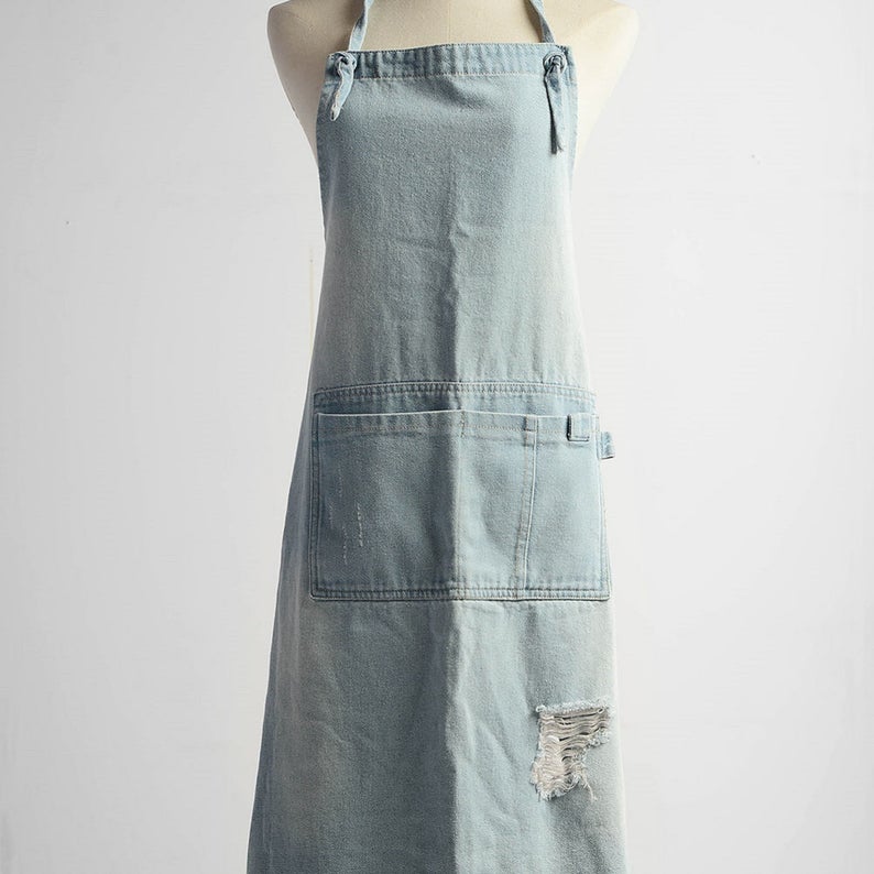 Light Blue Denim Unisex Apron with Pockets