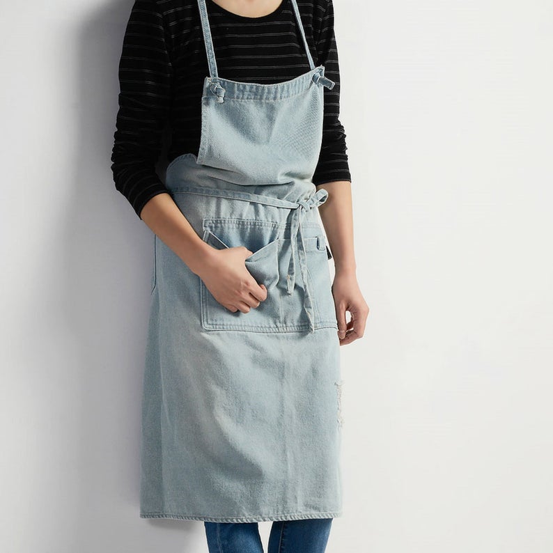 Light Blue Denim Unisex Apron with Pockets