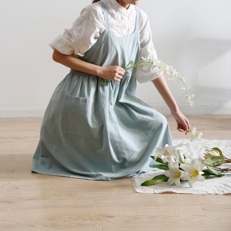 Light Green Linen Fabric Apron Dress