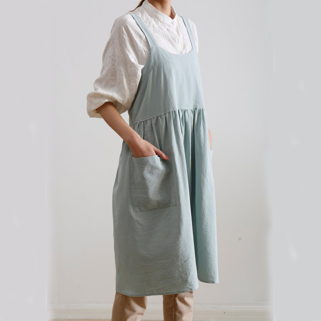 Light Green Linen Fabric Apron Dress