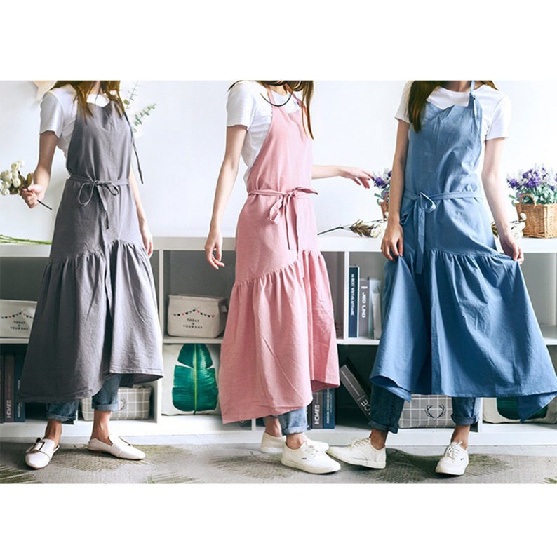 Grey Dress Apron with Front Roomy Pockets