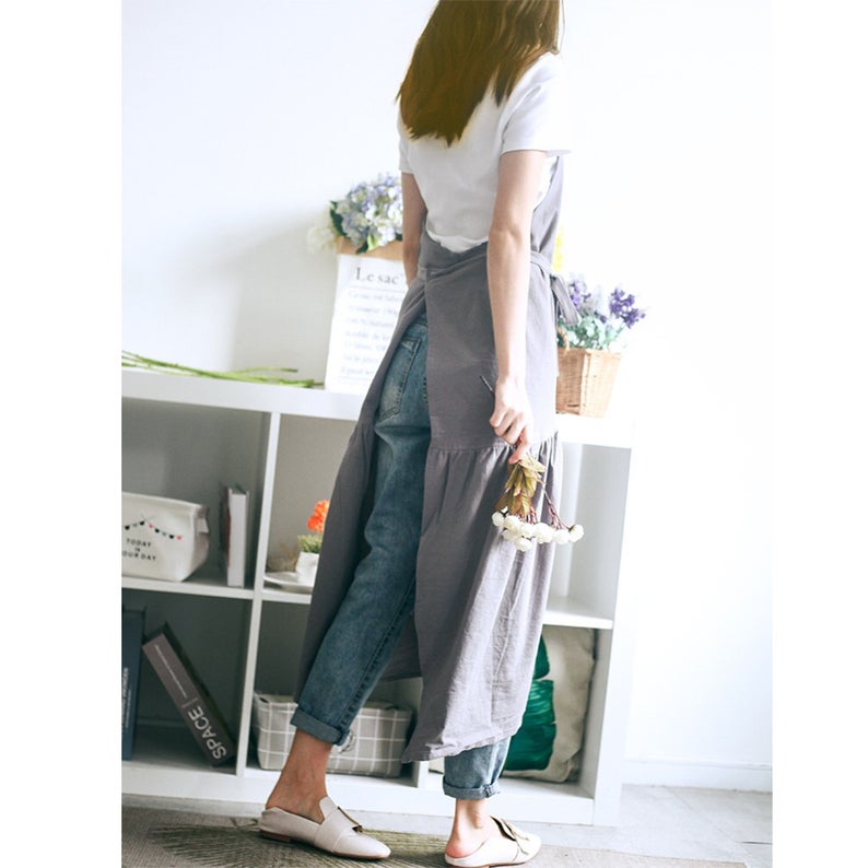 Grey Dress Apron with Front Roomy Pockets