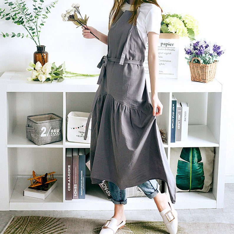 Grey Dress Apron with Front Roomy Pockets