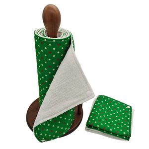 Unpaper Kitchen Towels, Reusable paper towels roll with snaps Kitchen Clothes, eco-friendly Dish Towels — Red White Star on Green Background