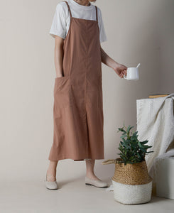 Gray waterproof oversized washed cotton with pockets, adjustable apron dress, loose pinafore dress Cross behind Kitchen garden apron