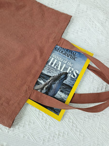 Brown red  tote bag, cotton linen tote bag, market bag, linen bag, shopping shoulder bag， travel bag，beach bag，Literary and elegant