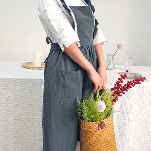 Pink Washed cotton linen with pockets, adjustable apron dress one size , loose pinafore dress，Cross straps on the back, sweet princess style