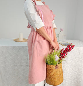 Pink Washed cotton linen with pockets, adjustable apron dress one size , loose pinafore dress，Cross straps on the back, sweet princess style