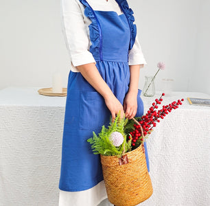 Pink Washed cotton linen with pockets, adjustable apron dress one size , loose pinafore dress，Cross straps on the back, sweet princess style