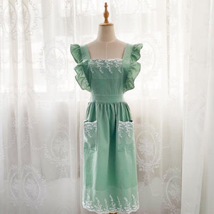 Green cotton apron Lace embroidery dress, apron for women,  one size apron, cooking apron, gardening apron, baking apron Christmas gift