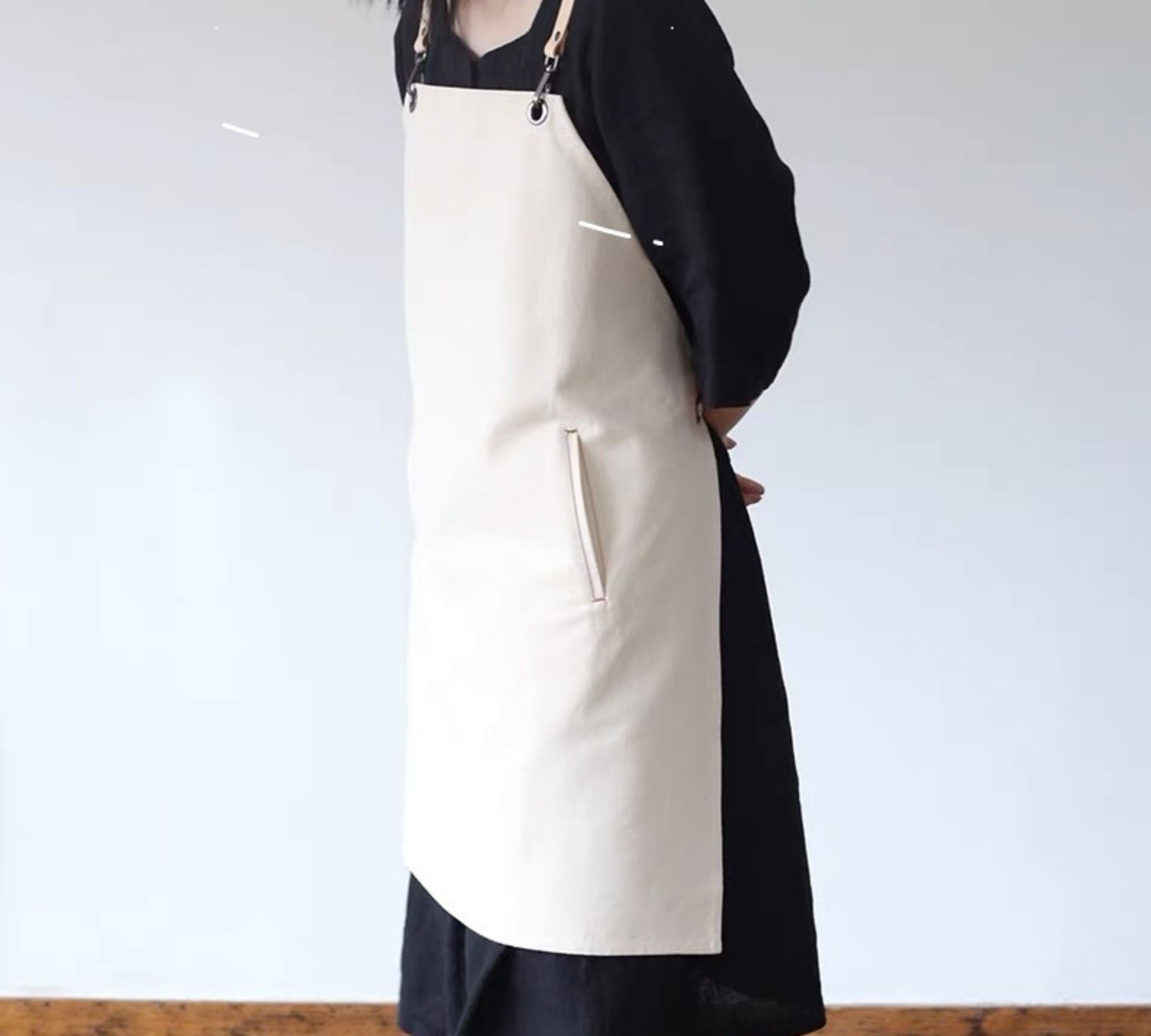 Off-white Removable Leather Neck Strap Cross Back Canvas and cotton Apron, Waterproof apron