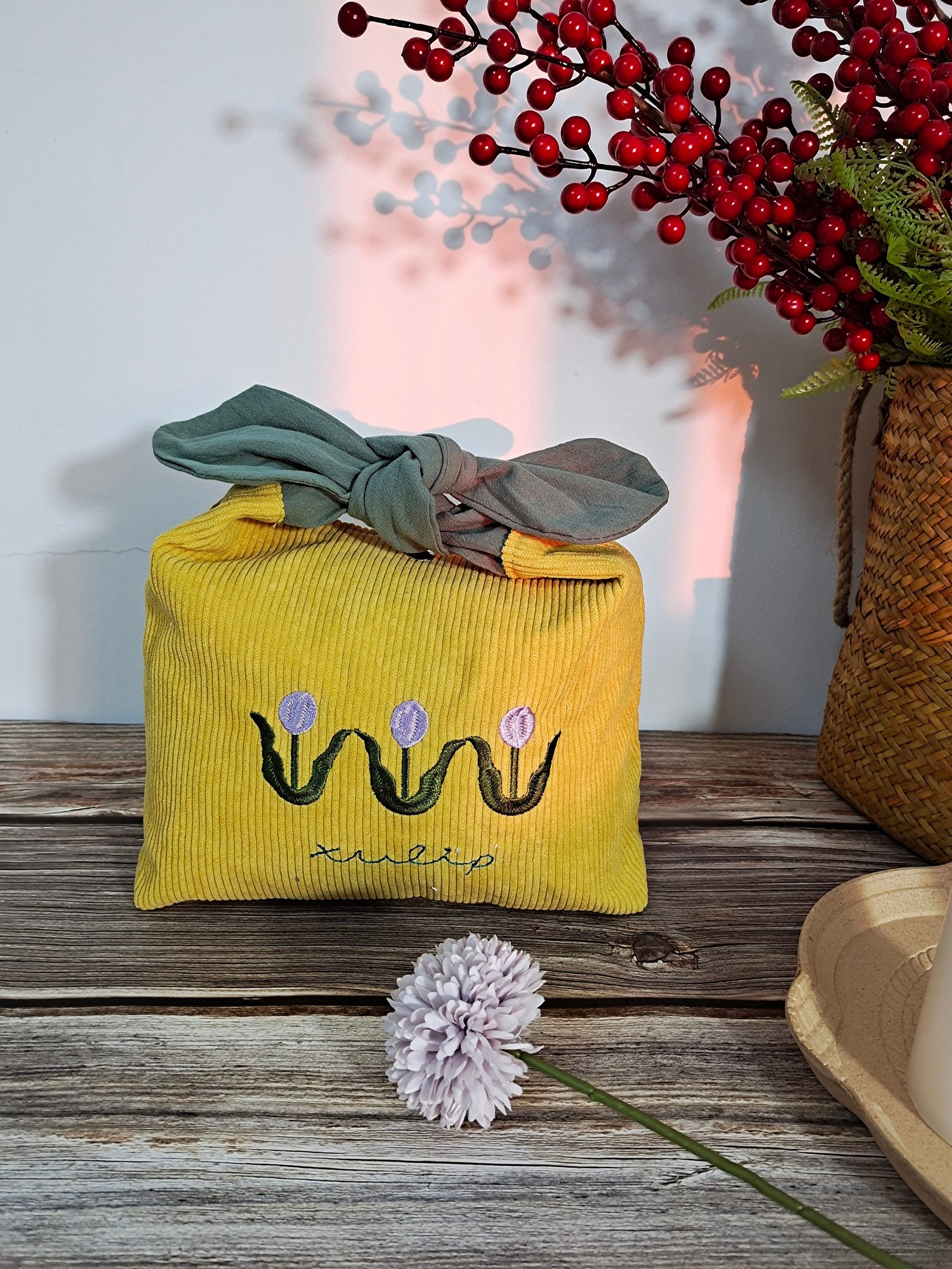 Embroidered tulip corduroy Yellow Reusable  lunch bag bento bag, zero waste , Eco Friendly  lunch box cloth School Gift for Kids women